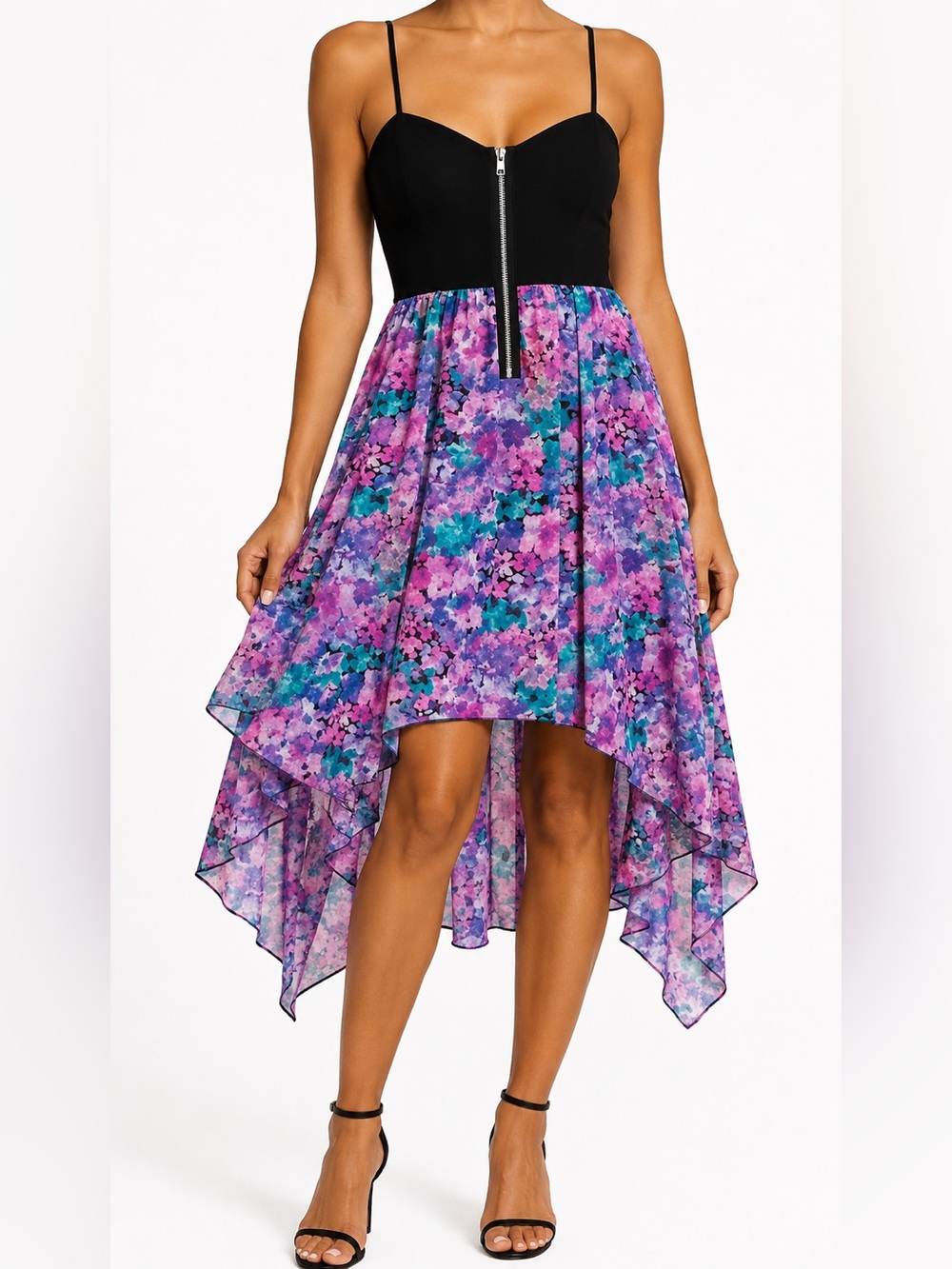 Black Bustier Floral High-Low Dress